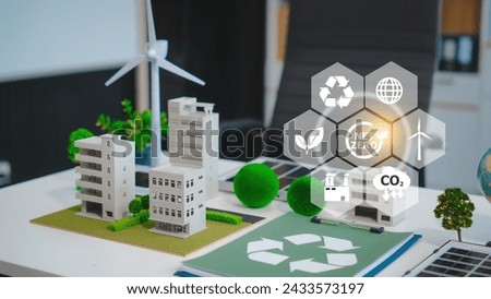 Explore a sustainable urban landscape with a clean energy focus. Discover eco-friendly buildings, net-zero initiatives, recycling symbols, and a green cityscape promoting a cleaner, greener future. Royalty-Free Stock Photo #2433573197