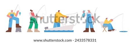 People who enjoy the leisure hobby of fishing. People catching fish with fishing rods and nets. flat vector illustration.