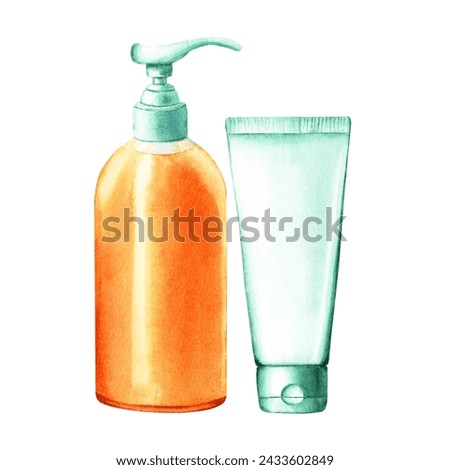 A set of dish and hand soap dispenser and plastic tube for cream, lotion, mask. Hand drawn watercolor illustration isolated on white background. For clip art label package