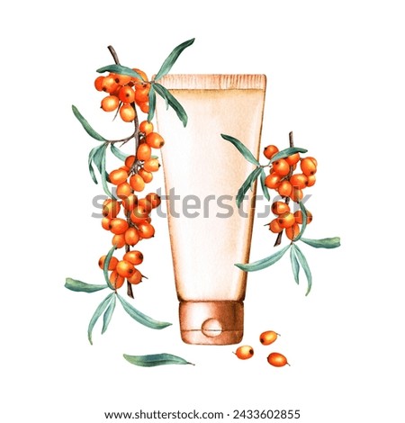 Composition with sea buckthorn branch, berries, leaves and plastic tube for cream, lotion, mask, soap, shampoo. Hand drawn watercolor illustration isolated on white background. For clip art label