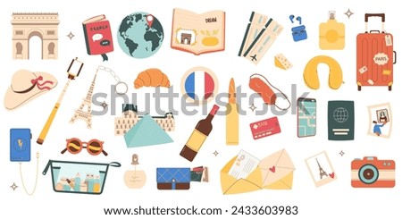 France tourism accessories and sight set. Travel to Paris elements isolated on white background. Trip to Europe country for adventure and rest. Holiday weekend vacation collection. Vector illustration