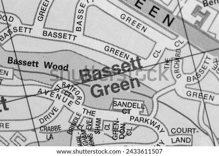 Bassett Green, Southampton in Hampshire, England, UK atlas map town name of the area in black and white