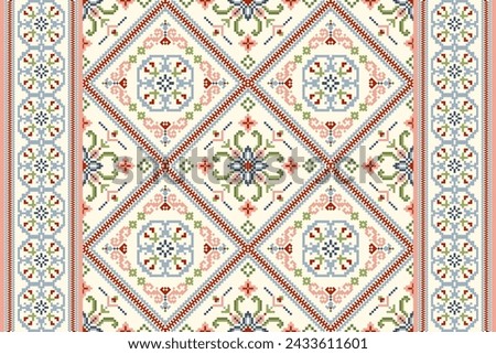 Geometric ethnic oriental pattern vector illustration.floral pixel art embroidery on white background,Aztec style,abstract background.design for texture,fabric,clothing,wrapping,decoration,scarf,print Royalty-Free Stock Photo #2433611601