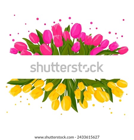Spring rectangular frame with pink yellow tulips for words and text. Vector background template with flowers for design, greeting card, banner, board, flyer, sale, poster