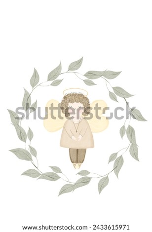 Angel framed by branches. Watercolor card template with cute boy with wings. Round wreath of green branches with leaves. Clip art on a white background for the design of cards for baby's baptism