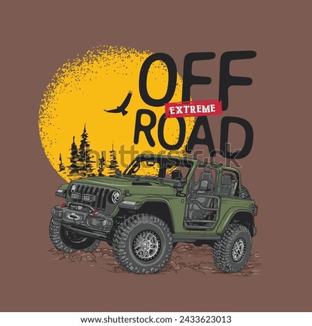 Green off-road vehicle illustration with dramatic sun and trees.