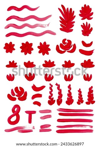 Clip-art of red strokes and floral elements in acrylic. Abstract set