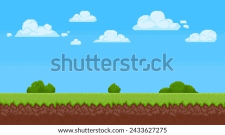 Pixel art landscape. Game background with blue sky, clouds and grass. Summer day scene for 8 bit arcade games. Retro pixelated playing view. Vector illustration. Outdoor environment for video game Royalty-Free Stock Photo #2433627275
