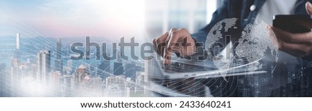 Internet network connection, data exchange, digital marketing IoT internet of things. Double exposure, woman using modern computer surfing the internet and smart city, innovative technology background