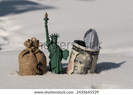 Immersed in snow is a money bag with a US dollar symbol, the Statue of Liberty and a piggy bank with a picture of 10 US dollars.