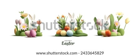 Happy Easter greeting composition set with 3d render Easter eggs and bunny and spring flowers, different composition