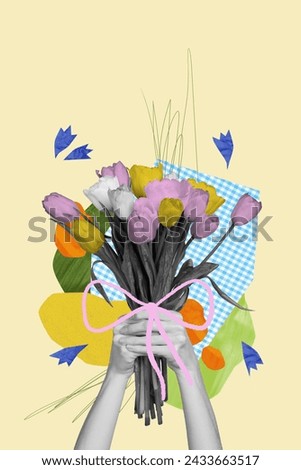 Collage picture postcard of male arms hold bouquet fresh flowers tulips gift for march eight isolated on drawing background