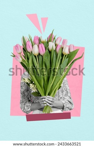 Photo sketch collage picture of shy lady holding big tulips flower bouquet isolated blue pink color background