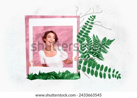 Creative collage of cheerful excited girl hands hold paper photo card green plant leaves isolated on paper background