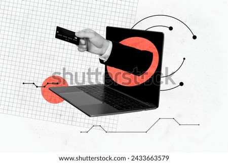 Creative 3d photo artwork graphics collage painting of arm growing modern device paying credit card isolated drawing background