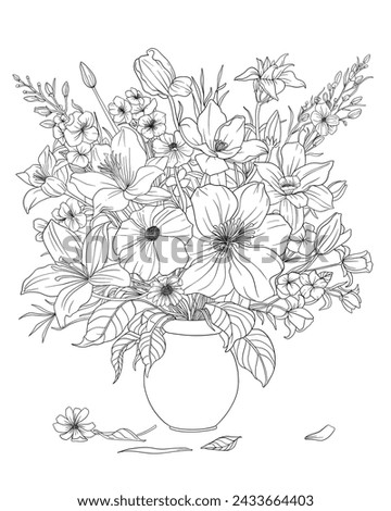 Many types of flowers are placed in a vase, outline, white background, easy line, Artline, coloring page