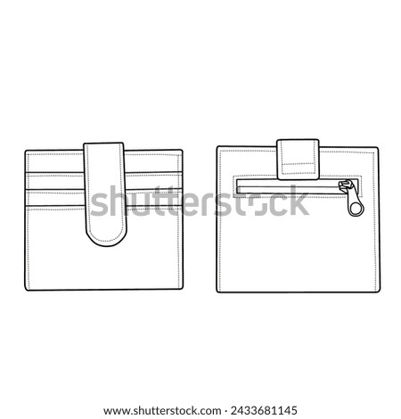 Sketch drawing of a card holder wallet with 3 pockets and zipper in the back side, front, and back view. Flat sketch vector. Outline vector doodle illustration