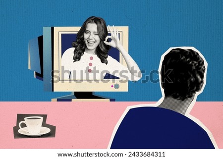 Composite photo collage of young girl smile peek monitor gesture ok zero hand colleague break coffee pause isolated on painted background