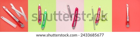 Collage of utility knife on color background