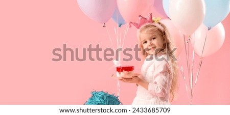 Cute little girl with Birthday cake and balloons on pink background with space for text Royalty-Free Stock Photo #2433685709