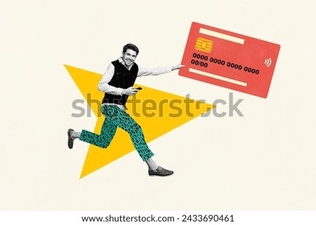 Trend artwork 3D photo collage composite sketch image of young happy man hold phone credit bank card in hand run arrow direction