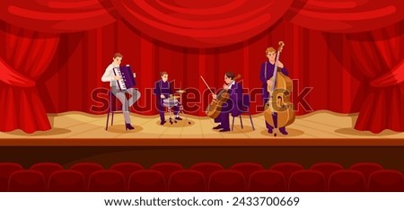Group of musicians are playing on a stage in front of red curtain. Musicians are dressed in black and white and are playing variety of instruments including cello, trombone, tuba. Vector illustration
