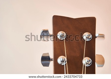 Acoustic guitar headboard with pegs. Guitar fretboard.  Royalty-Free Stock Photo #2433704733