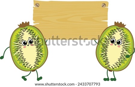 Two funny kiwi holding an empty wooden board