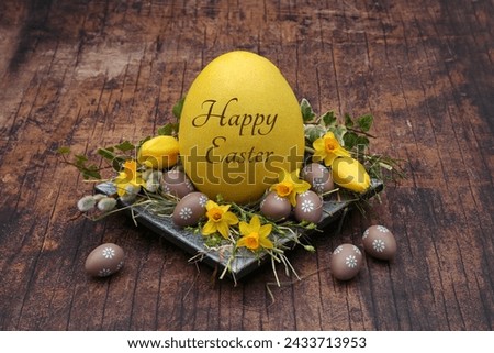 Greeting card Happy Easter: Decorative Easter basket with yellow Easter eggs and a labeled Easter egg.