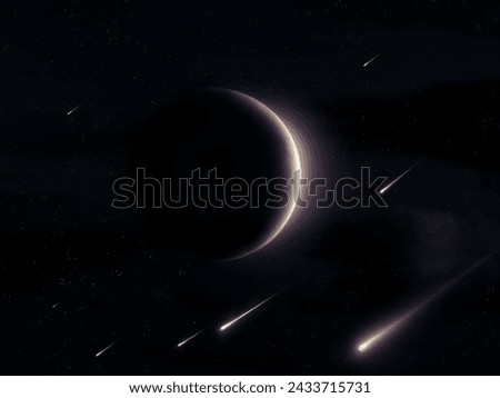 Meteor stream in the sky with a large moon. Starfall against the backdrop of the Crescent Moon. landscape with shooting stars.