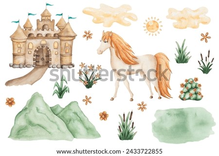 Watercolor set of illustrations. Hand painted yellow, golden horse. Mare, stallion, foal. Cartoon animal. Nature, green mountain, grass, flowers, clouds. Palace, castle, big mansion. Isolated clip art