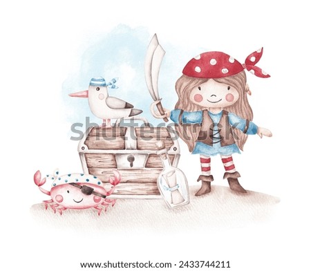 Printable card design with pirate girl and sea animals hand drawn by watercolor. Cute kid wall art isolated on white. For pirate party invitation, card, banner, logo, rame art and so on
