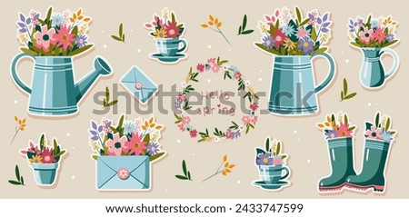 Set of spring hand drawn decorative stickers. Flowers, branches, bouquets, watering can, teapot, ruber boots. Spring holidays. Perfect for Valentine's Day, Women's Day, Easter, Mother's Day