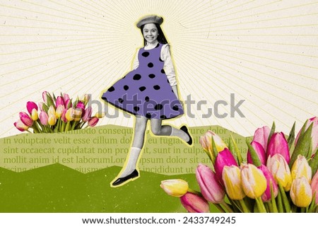 Banner collage picture of cheerful cute girl dressed dotted print sarafan running filed meadow isolated on drawing background