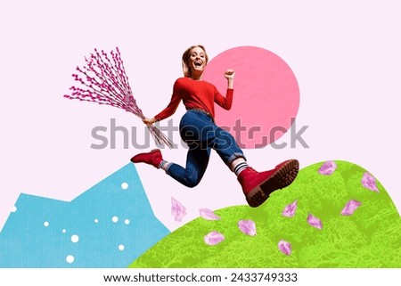 Collage picture of overjoyed girl run jump hand hold bunch easter cotton stems flying flower petals isolated on drawing violet background