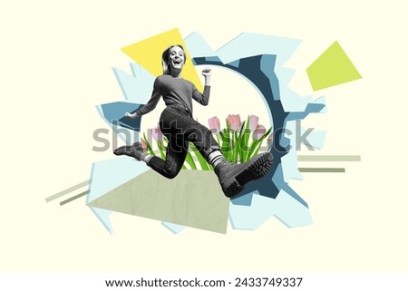 Collage picture of excited black white colors girl jump run break through ice growing tulip flowers isolated on painted background