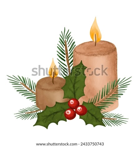 Christmas candles with holly red berry and fir tree branch decorations