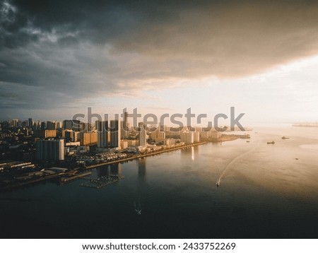 Penang George Town city skyline at sunrise from Karpal Singh Drive, Penang, Malaysia