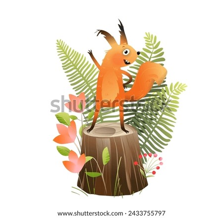 Cute squirrel on tree stump, happy funny character design. Squirrel animal character on forest tree, isolated clip art for kids. Vector hand drawn illustration in watercolor style for children.