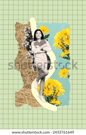 Vertical collage picture of mini black white colors girl hands hold hug heart symbol card straw flowers isolated on green checkered background