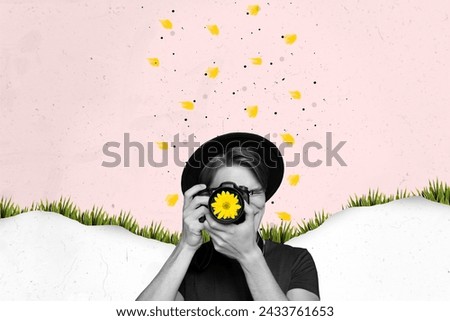 Collage picture of black white colors guy hold camera take photo fresh flower objective melting snow growing grass isolated on painted background