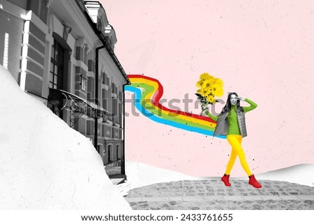 Collage image of cheerful black white effect girl hold fresh flowers bouquet walk cobblestone street buildings rainbow melting snow