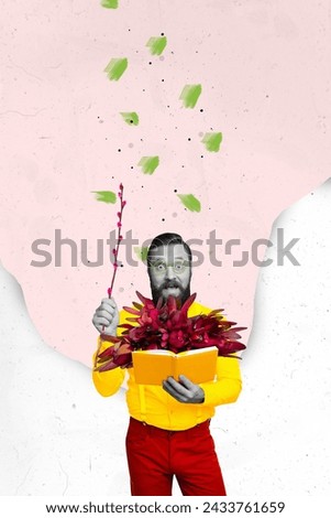 Vertical collage picture of excited black white colors guy hold cotton stem read book fresh flowers isolated on painted background