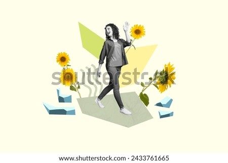 Collage picture of black white colors friendly girl walk arm wave hi melting ice growing sunflowers isolated on creative background