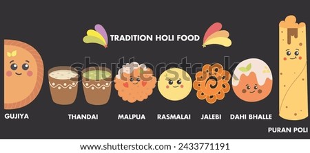 Indian traditional food items for holi festival,vector set,food and drink clip-art,cartoon set.