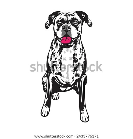 A playful dog with red tongue in black and white vector illustration.