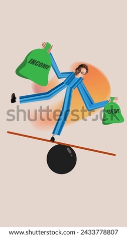 Contemporary art collage. Businessman with long arms and legs balancing on board holding two green bags with words 'income' and 'debt'. Concept of business, financial literacy, financial management.