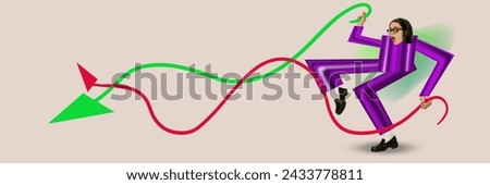 Banner. Contemporary art collage. Woman with long arms and legs in purple suit, interacting with fluctuating market trend lines. Concept of business, financial literacy, personal financial management