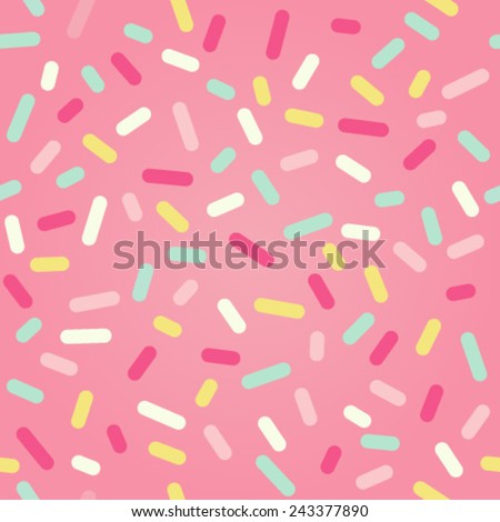 Seamless background. Pink donut glaze or ice cream top with many decorative sprinkles. Royalty-Free Stock Photo #243377890