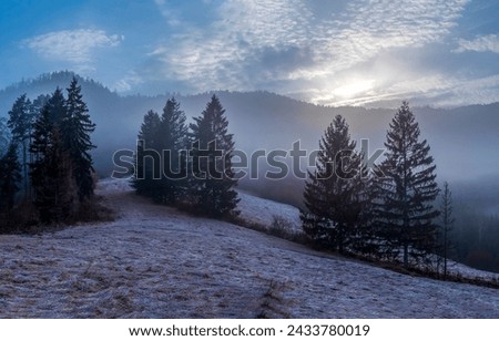 Fog over a snowy mountainside in winter. Mountains in mist. Misty mountain landscape. Mist in mountains Royalty-Free Stock Photo #2433780019